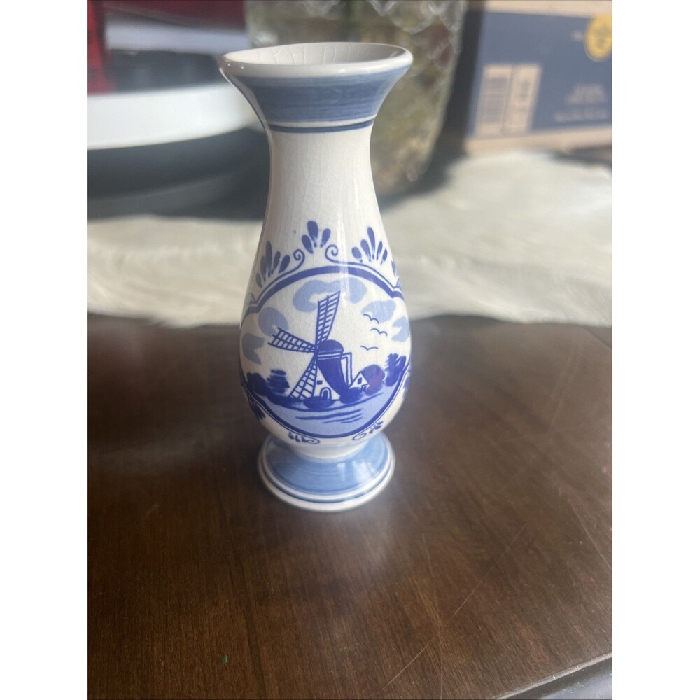 Vintage Delft Holland Hand Painted Blue And White Windmill Scenic Vase Unsigned